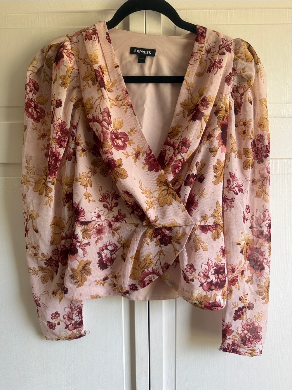 Express Pink Floral Wrap Top with Mustard & Burgundy Print